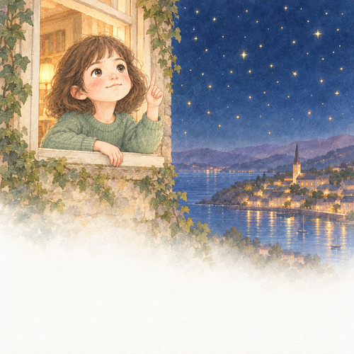 Ilustración del cuento personalizado: la protagonista cuenta las estrellas desde su ventana