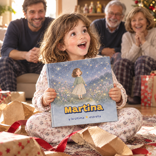 Una niña abre su cuento personalizado la mañana de Reyes con su familia